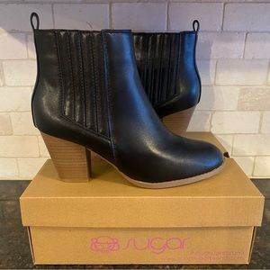 Sugar Rizzo black booties with brown sole. NIB size 10
